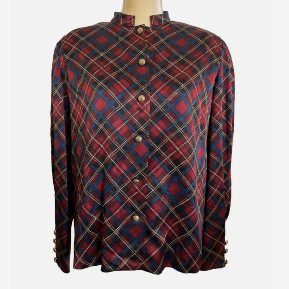 ANNE CRIMMONS Vintage Red Tartan Plaid Silk Blouse 14 80's UMI COLLECTION